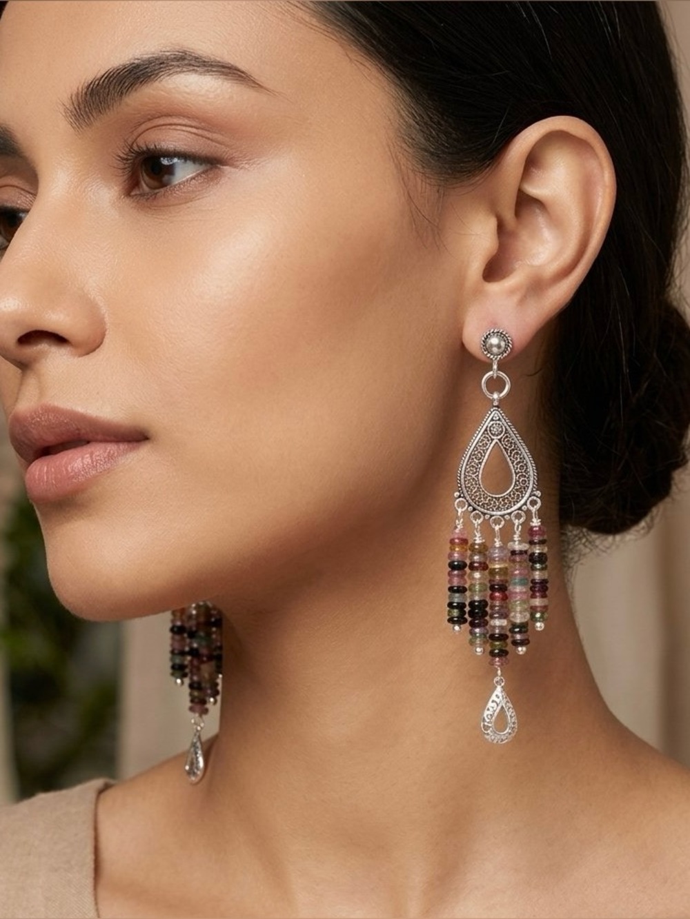 Sterling Silver & Tourmaline beaded Chandelier Earrings - Women Jewelry